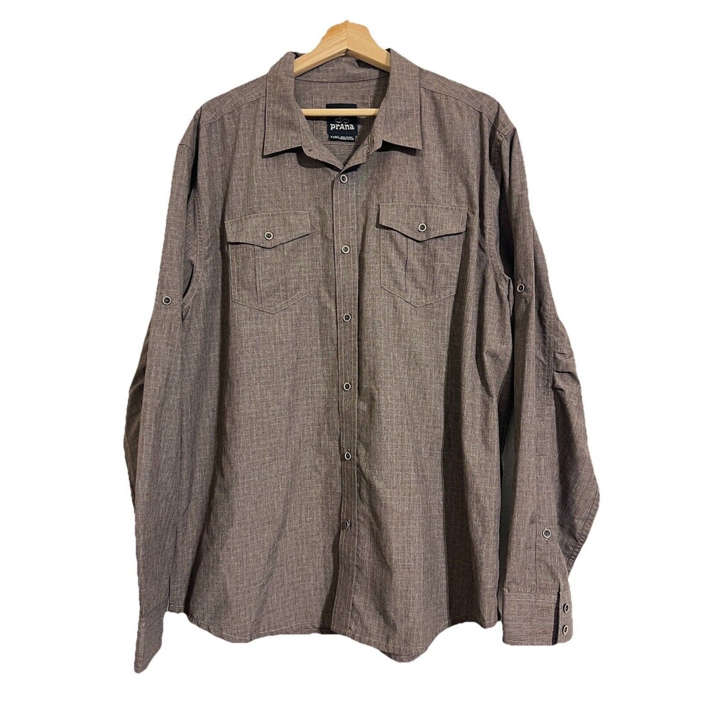 Prana Brown Casual Button Up Shirt XL Roll Tab Sleeves Hiking Outdoor